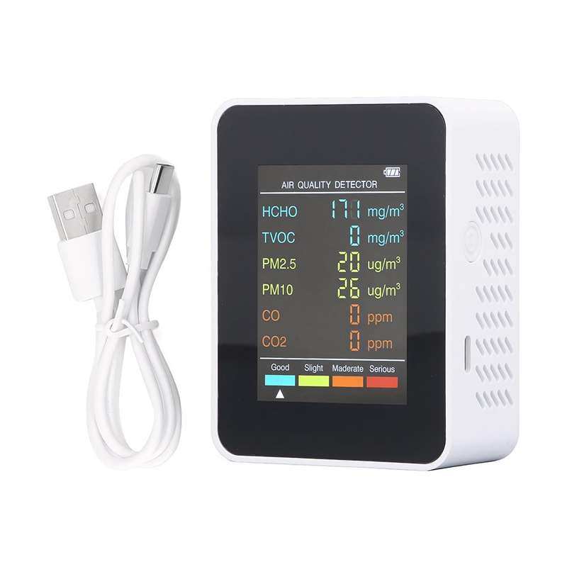 6-in-1 Air Quality Monitor - Breath Easy with Real-Time Air Quality Readings (Multiple Colors) White
