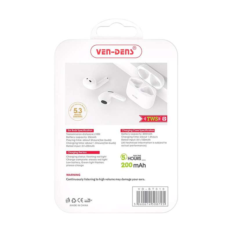 VEN-DENS Wireless Bluetooth Earbuds - White