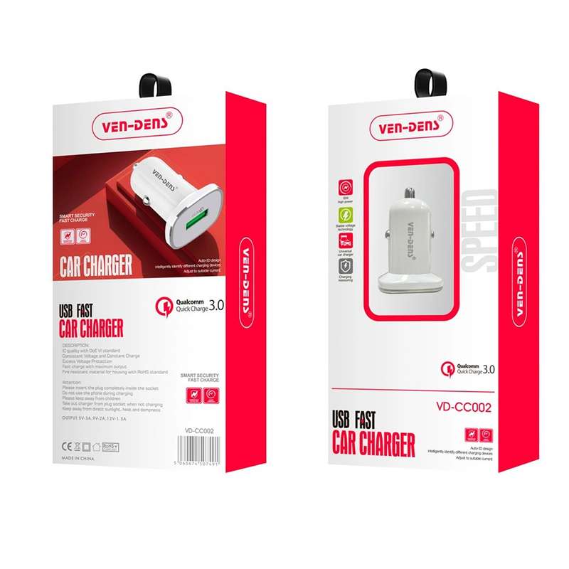 VEN-DENS USB Car Charger - White / 18W