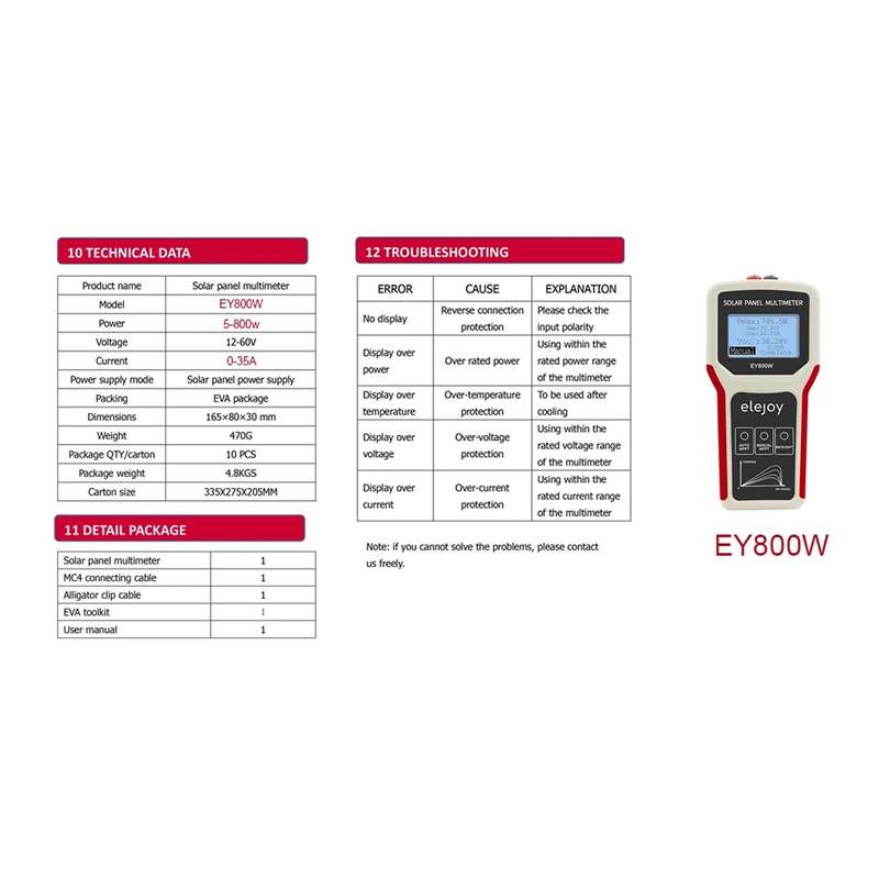 Elejoy Solar Panel Multimeter (EY800W) - Measure Power & Voltage (Open Circuit)