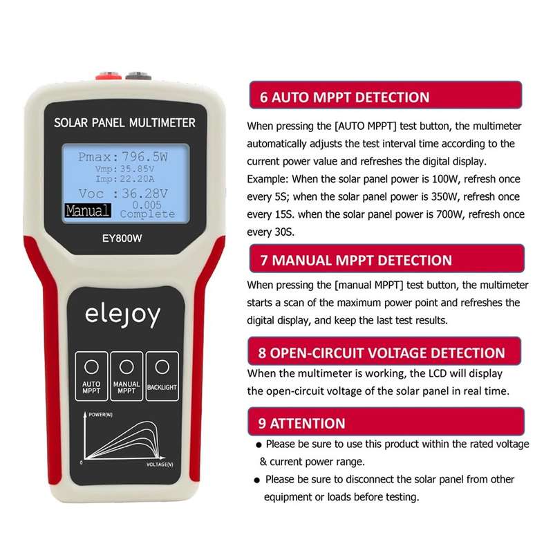 Elejoy Solar Panel Multimeter (EY800W) - Measure Power & Voltage (Open Circuit)