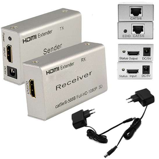 HDMI Extender Over  Cat 5e/6 (Full HD, 1080P, 3D) - Up to 60m