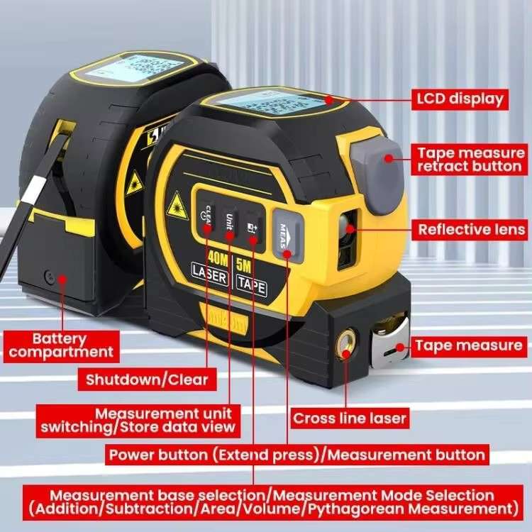 3-in-1 Digital Tape Measure - 5m Tape Measure / 40m Laser / Laser Cross Marking