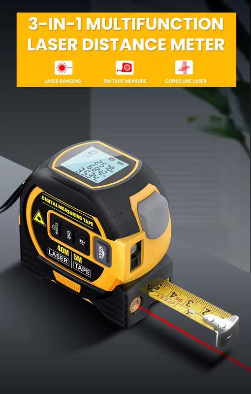 3-in-1 Digital Tape Measure - 5m Tape Measure / 40m Laser / Laser Cross Marking