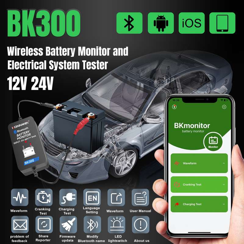KONNWEI BK300 Battery Monitor 6V 12V 24V Electrical System Tester With BKmonitor Mobile App