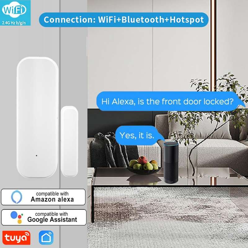 Tuya Smart Wi-Fi Door & Window Sensor - Remote Alerts & Works with Alexa/Google Home (White)