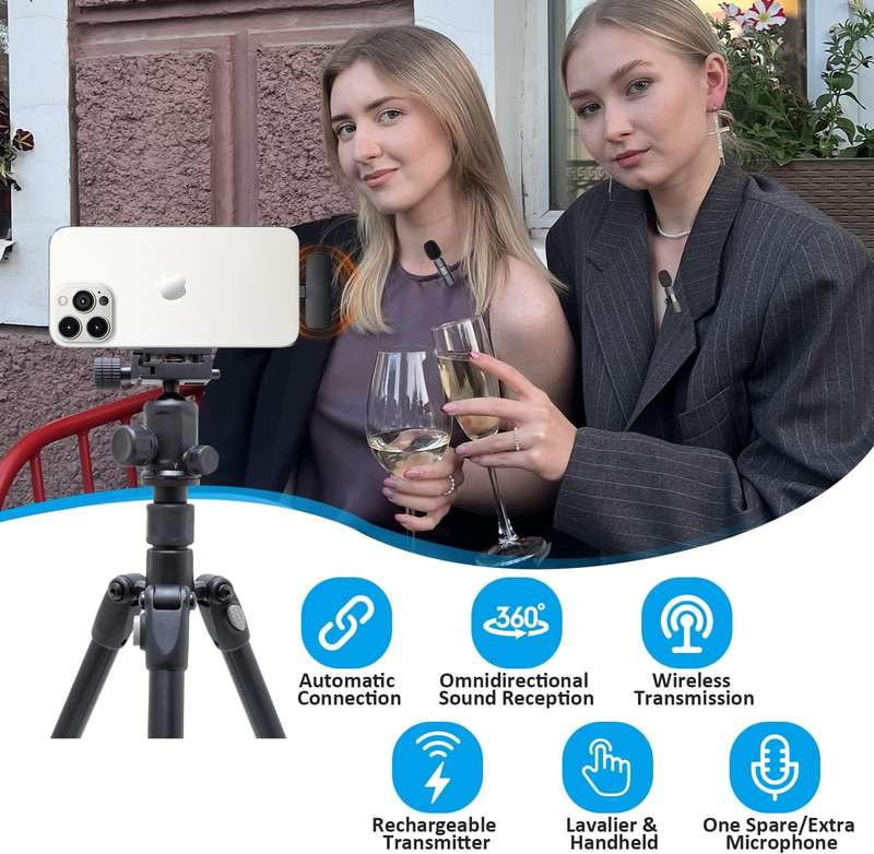 Bluetooth Lavalier Lapel Microphone for iPhone- iPad - Cordless Omnidirectional Condenser Recordi...