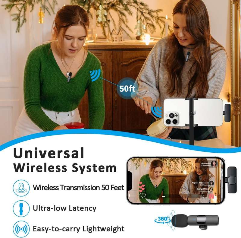 Bluetooth Lavalier Lapel Microphone for iPhone- iPad - Cordless Omnidirectional Condenser Recordi...