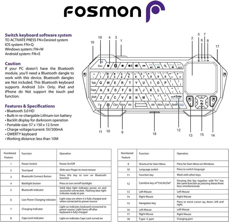 Fosmon Mini Bluetooth Keyboard (QWERTY Keypad)- Wireless Portable with Touchpad- Compatible with ...