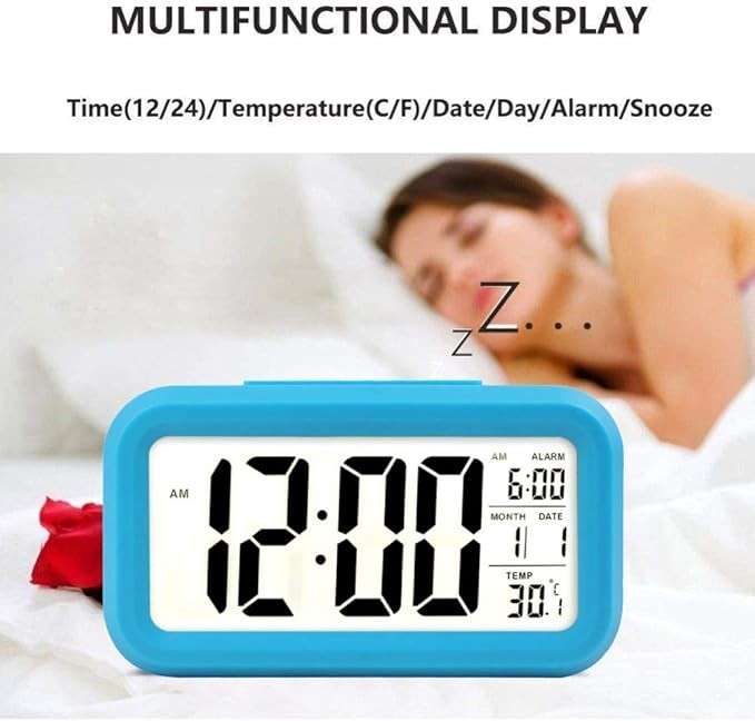 Smart LCD Digital Clock with Optical Backlight Control - Perfect for Desk or Nightstand Blue