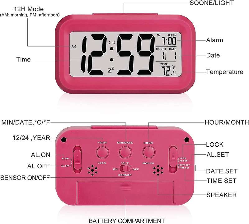 Smart LCD Digital Clock with Optical Backlight Control - Perfect for Desk or Nightstand Blue