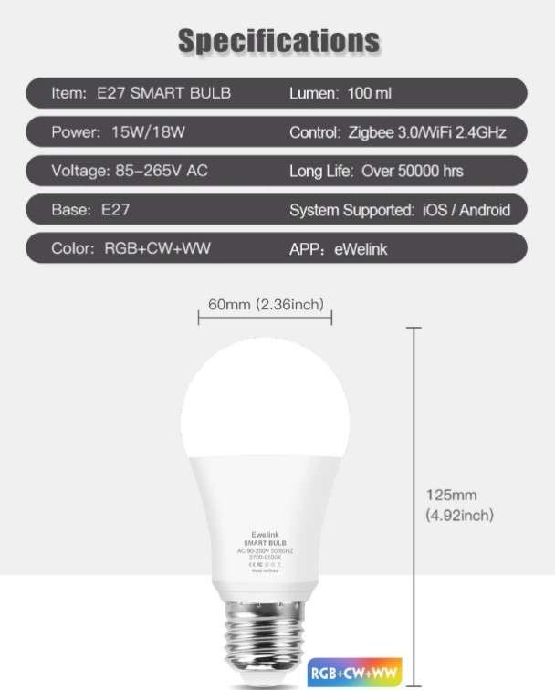 Ewelink Zigbee E27 Bulb - 18w