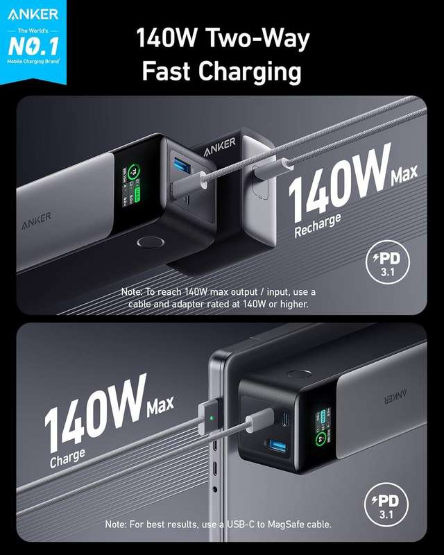 Anker 737 Power Bank- 24-000mAh 3-Port Laptop Portable Charger with 140W Output