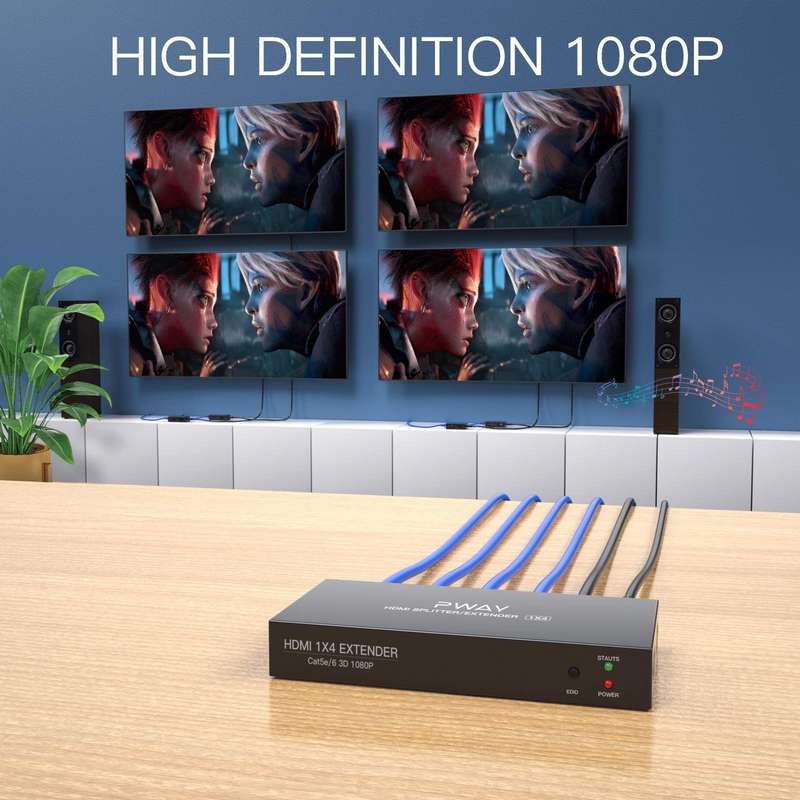 1x4 Extender Splitter over Cat5e/Cat6 - 150m (DT2104) 1080P@60Hz Resolution
