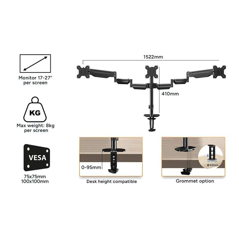 Triple Monitor Desk Stand - Designed to Hold Three 17-24 Monitors
