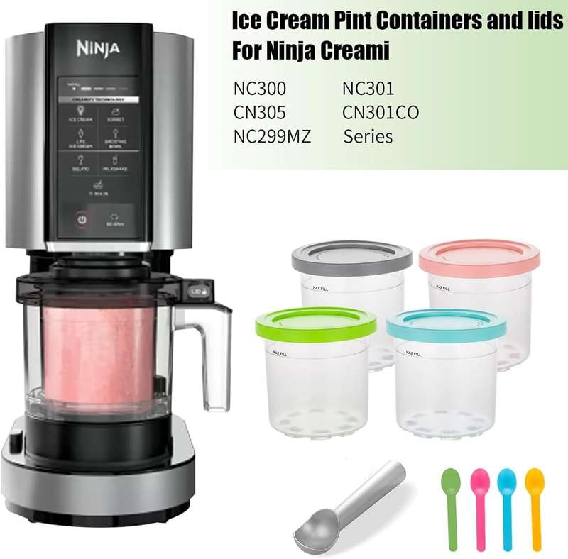 Ninja Creami Pint Containers and Lids with Spoons (Set of 4) - Includes Ice-Cream Scoop