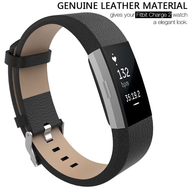 Fitbit Charge 2 Leather Band - Adjustable Replacement Strap - Black