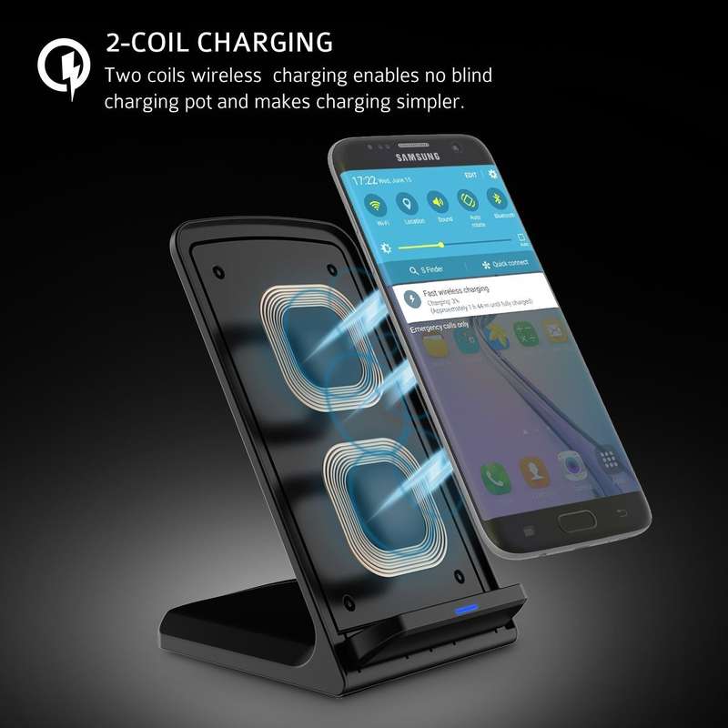 Fast Charge Wireless Desktop Charging Stand Charger - 2-Coil Qi Black
