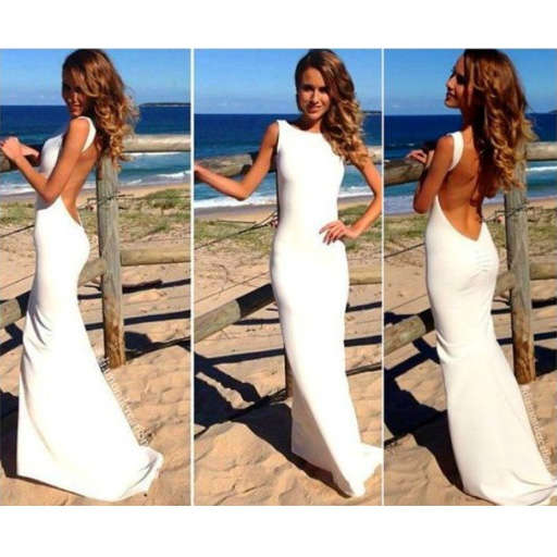 White Elegant Bodycon Backless Maxi Dress, Deep V-back Sleeveless Prom Gown, Open Back FLoor Length Gown, #N9025