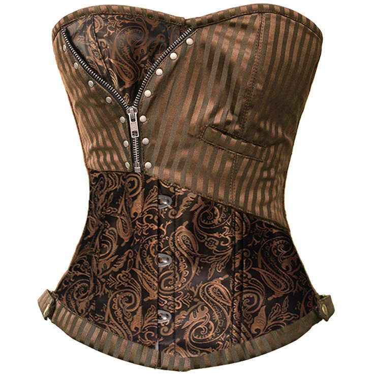 Brocade Steampunk Overbust Corset, Brown Steampunk Corset, Steampunk Corset With Zip, #N6108