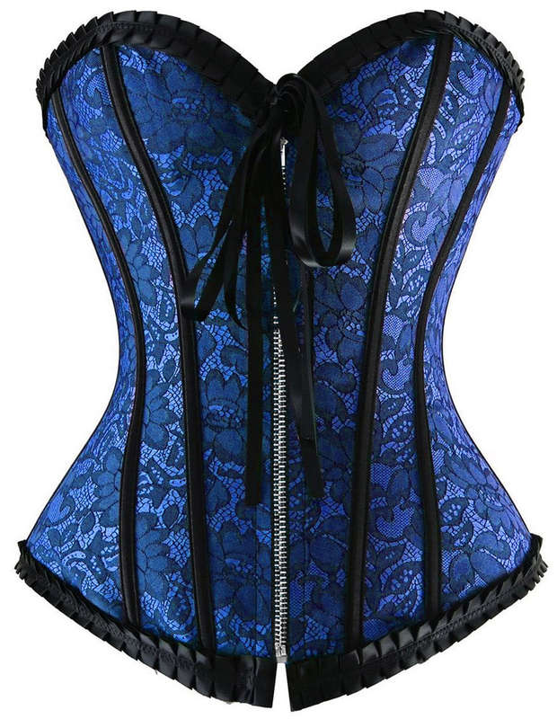 Strapless Blue Burlesque Corset, Brocade Corset with Ruffle Trim, Floral Jacquard Corset, #N8082