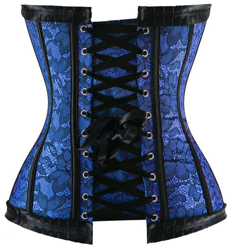 Strapless Blue Burlesque Corset, Brocade Corset with Ruffle Trim, Floral Jacquard Corset, #N8082
