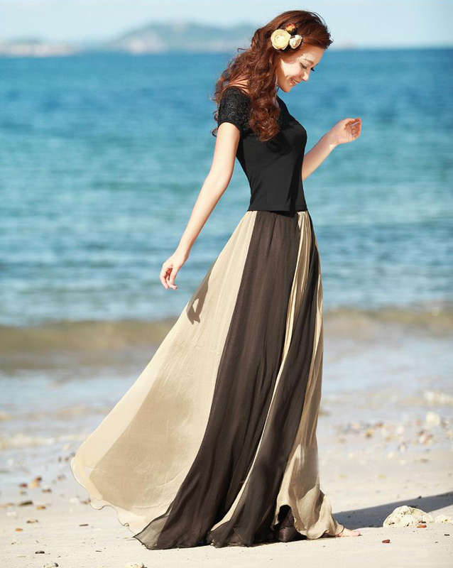 Wrapped Chest Contrast Color Tent Dress, Giant Swing Split Joint Maxi Boho Skirt, Strapless Two Dressing Ways Dresses, #N9069