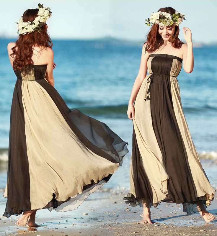 Wrapped Chest Contrast Color Tent Dress, Giant Swing Split Joint Maxi Boho Skirt, Strapless Two Dressing Ways Dresses, #N9069
