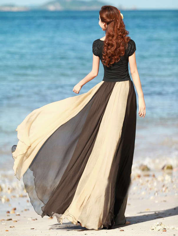 Wrapped Chest Contrast Color Tent Dress, Giant Swing Split Joint Maxi Boho Skirt, Strapless Two Dressing Ways Dresses, #N9069