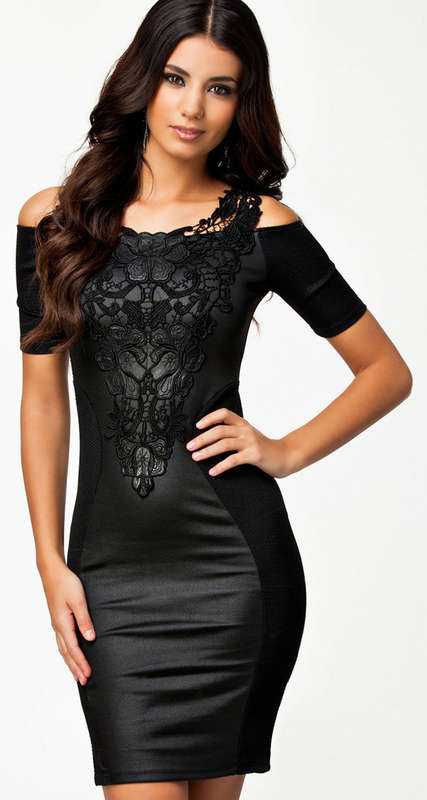 Leather Wet Look Lace Dress, Off Shoulder Elegant Dresses, PU Patchwork Embroidered Intimate Dresses, #N7567