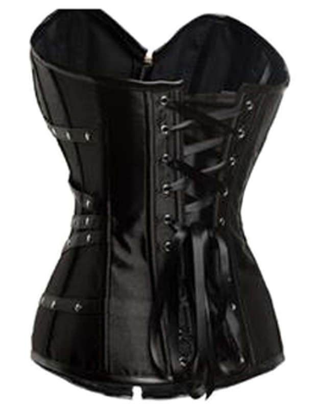 Strapless Satin and Leather Corset, Buckle Studded Corset, Black Steampunk Rivet Overbust Corset, #N9169