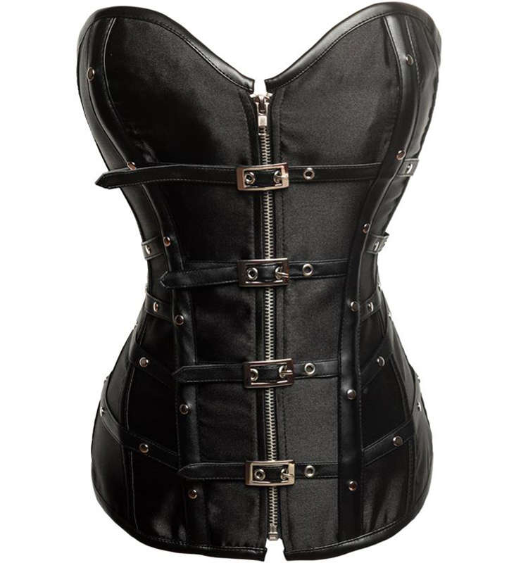 Strapless Satin and Leather Corset, Buckle Studded Corset, Black Steampunk Rivet Overbust Corset, #N9169
