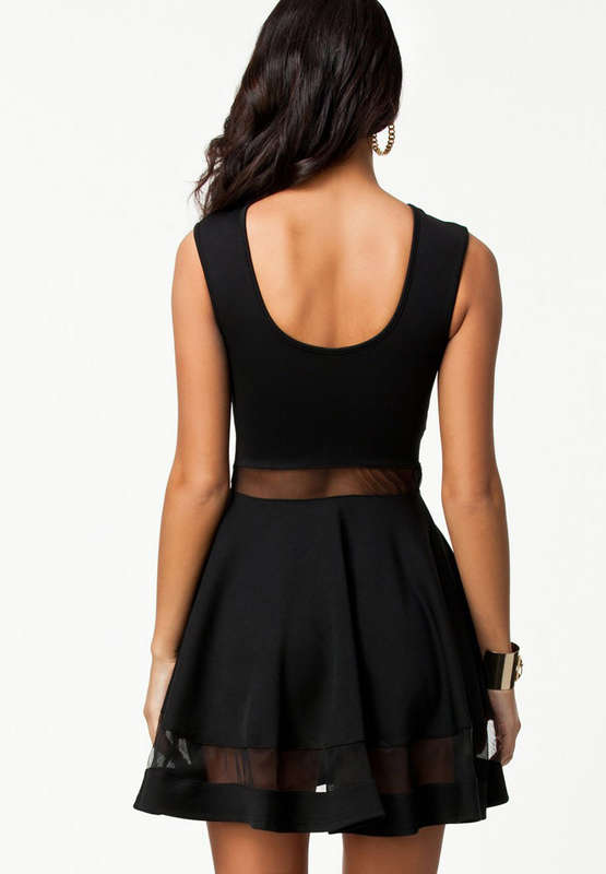 Mesh Panel Club Skater Dress, Mesh Insert Skater Dress, Translucent Sleeveless Clubwear, #N7660
