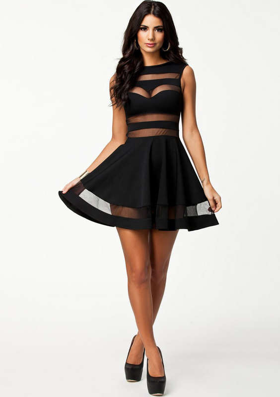 Mesh Panel Club Skater Dress, Mesh Insert Skater Dress, Translucent Sleeveless Clubwear, #N7660