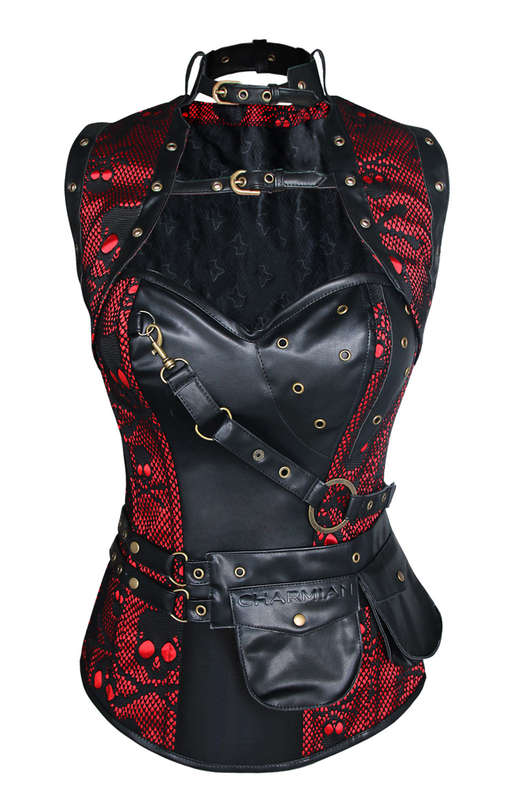 Skulls Print Halloween Corset, Steampunk Steel Boned Outerwear Corset, Cheap Jacquard Corset with Jacket, Plus Size Corset, #N10804