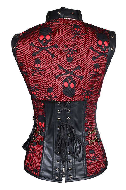 Skulls Print Halloween Corset, Steampunk Steel Boned Outerwear Corset, Cheap Jacquard Corset with Jacket, Plus Size Corset, #N10804