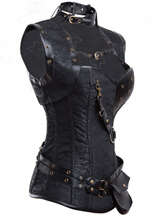 Black Faux Leather and Brocade Corset, Steel Boned Corset with Jacket, Steampunk High Neck Pocket Corset, #N8734
