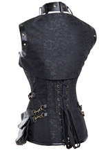 Black Faux Leather and Brocade Corset, Steel Boned Corset with Jacket, Steampunk High Neck Pocket Corset, #N8734