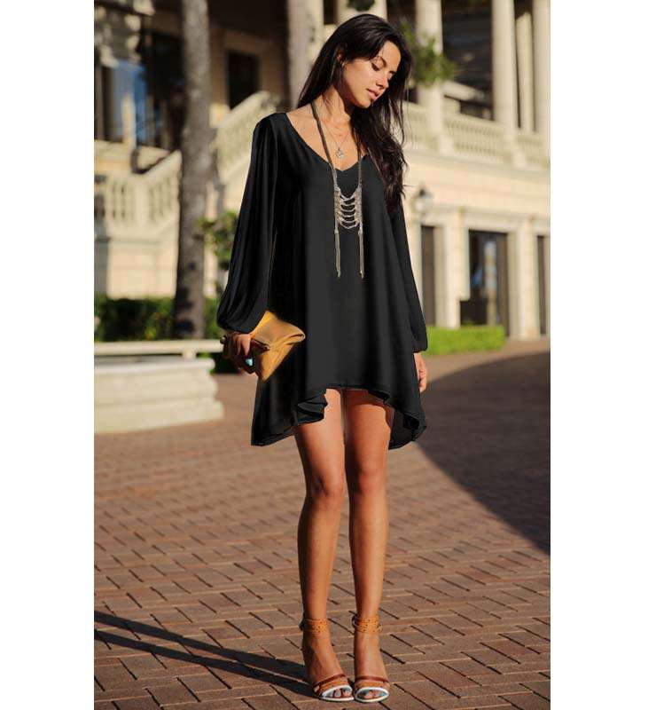 Boho Style Long Sleeveless Chiffon Dress, Low V-neck Open Sleeve, Elegant Women