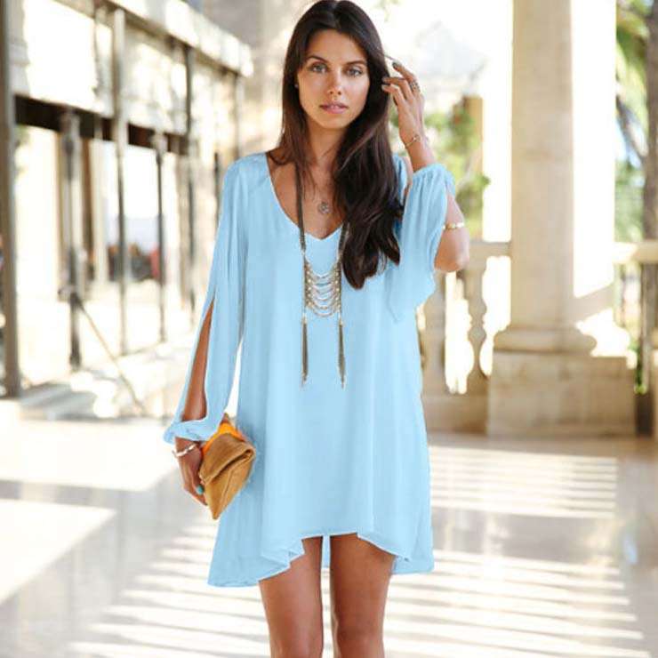 Boho Style Long Sleeveless Chiffon Dress, Low V-neck Open Sleeve, Elegant Women