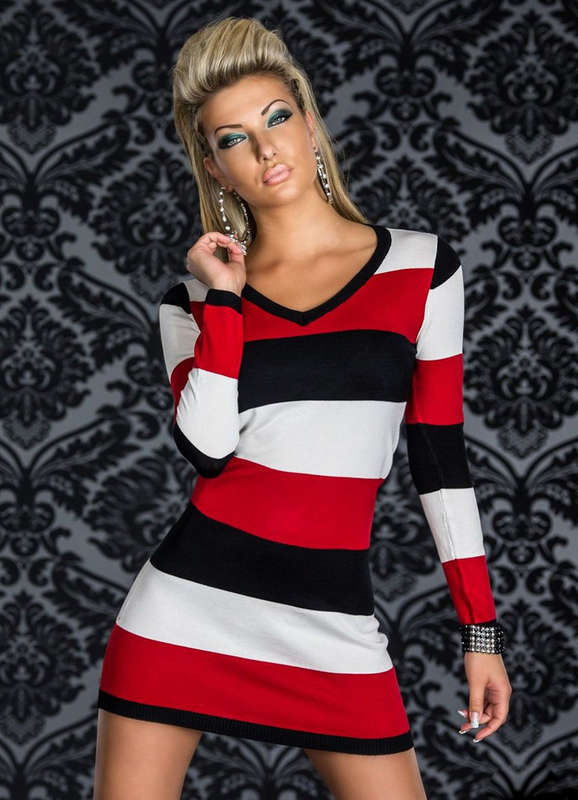 White, Black and Red Stripes Dress, Long Sleeves V-neckline Mini Dress, Pretty Long Sleeves Horizontal Stripes Dress, #N8422