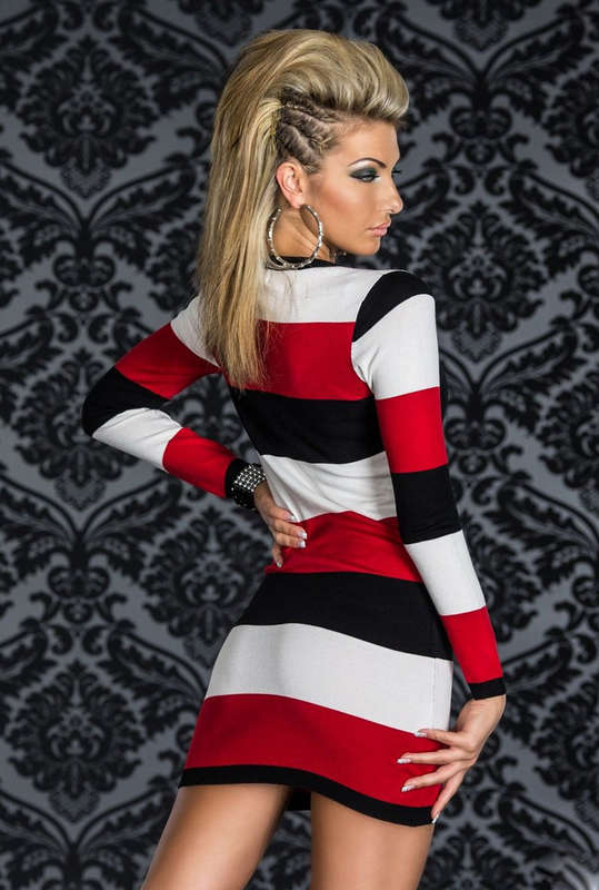 White, Black and Red Stripes Dress, Long Sleeves V-neckline Mini Dress, Pretty Long Sleeves Horizontal Stripes Dress, #N8422