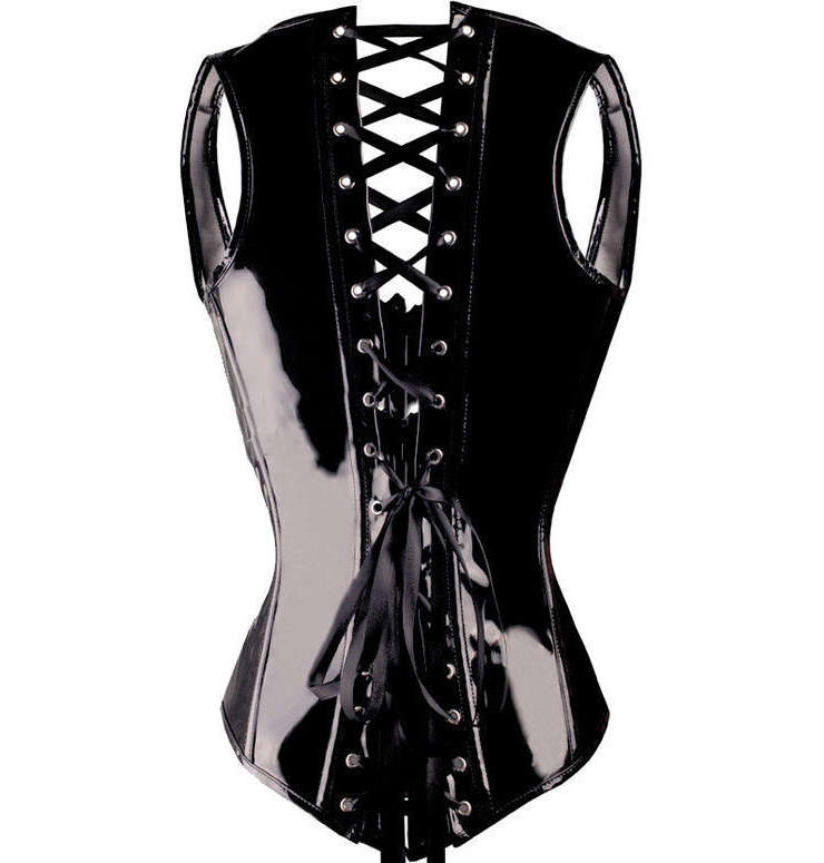 Lace-Up Back Waistcoat Corset, PVC Waist Cincher Underbust Corset, Wetlook Waistcoat Underbust Corset, #N8599