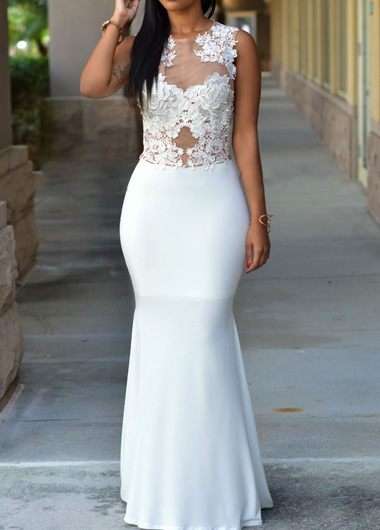 White Sleeveless Lace Splicing Maxi Dress