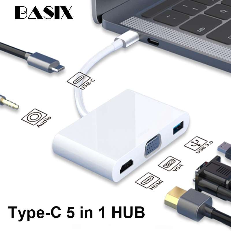 5-in-1 Thunderbolt 3 USB Type C Hub to HDMI VGA 3.5mm Jack USB Adapter