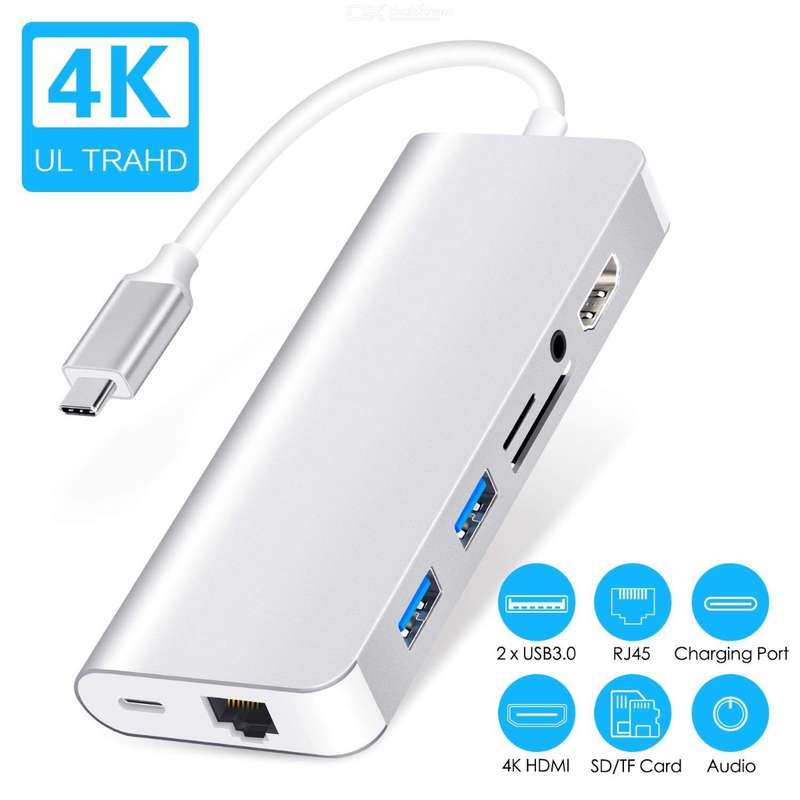 Type C HUB to HDMI 3.5mm Audio RJ45 USB 3.0 PD SD/TF Card Reader Adapter for MacBook 12 Air Pro 2...