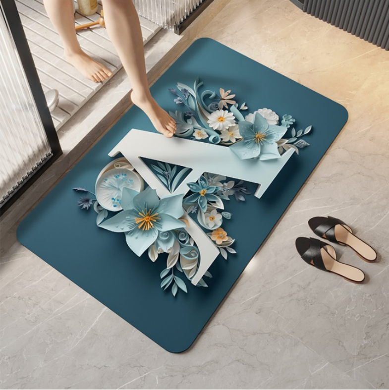 Ewube 60x40cm Diatom Luxury Super Absorbent Non-Slip Floor Mat With Floral A Letter