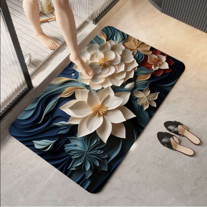 Ewube 60x40cm Diatom Luxury Super Absorbent Non-Slip Floor Mat With Floral Blue