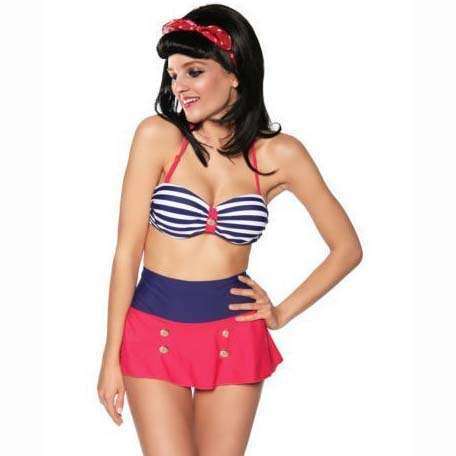 Vintage Halter Neck Stripe Swimsuit Set