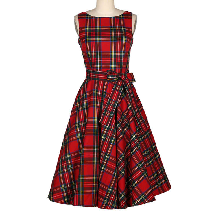 Women' 1950's Vintage Retro Red Plaid Belted A-Line Dress